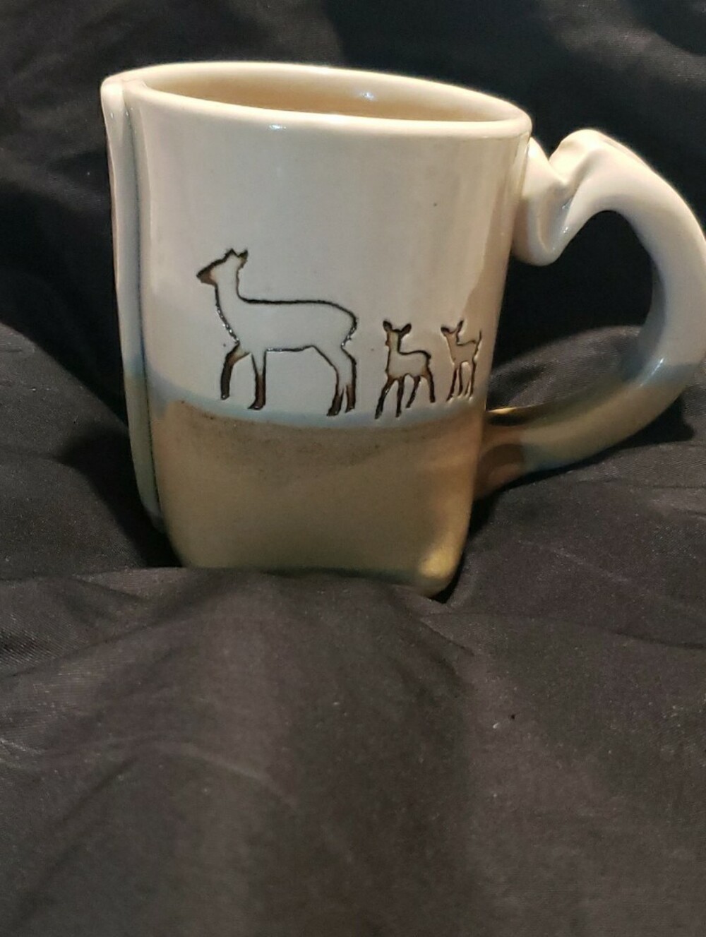Clay Coffee Mug, signed C. Deiss, Bambi Deer Nature Lovers, Tea Cup, Pottery